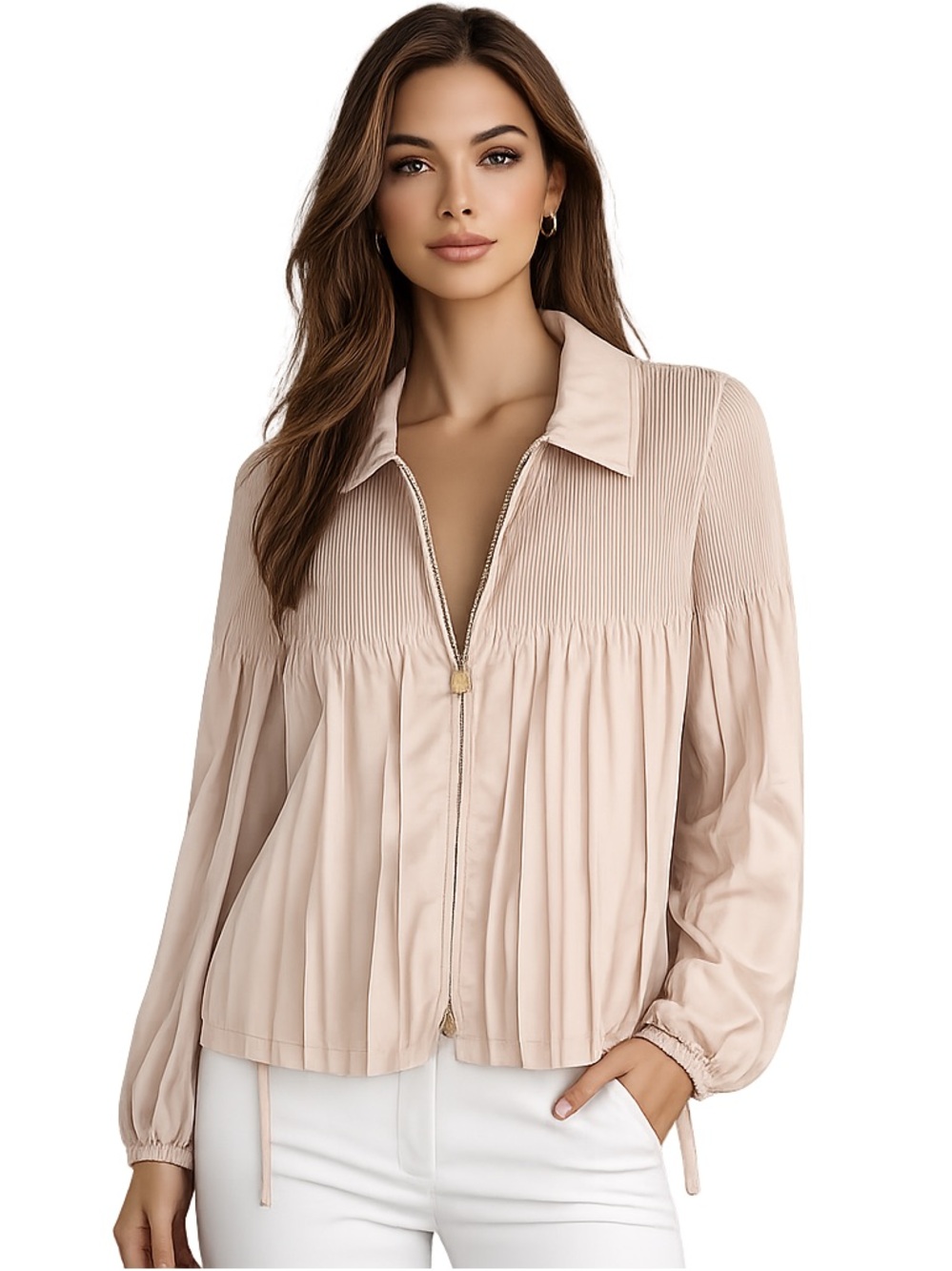 Escada Pleated Zip-front belted jacket- champagne size 34